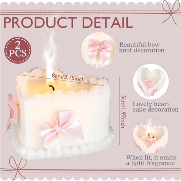 2pc Coquette Pink Bow Heart Soy Wax Candles - Picture 2 of 5